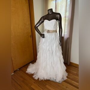 Galina style PK3357 soft white wedding dress with champagne waistband.